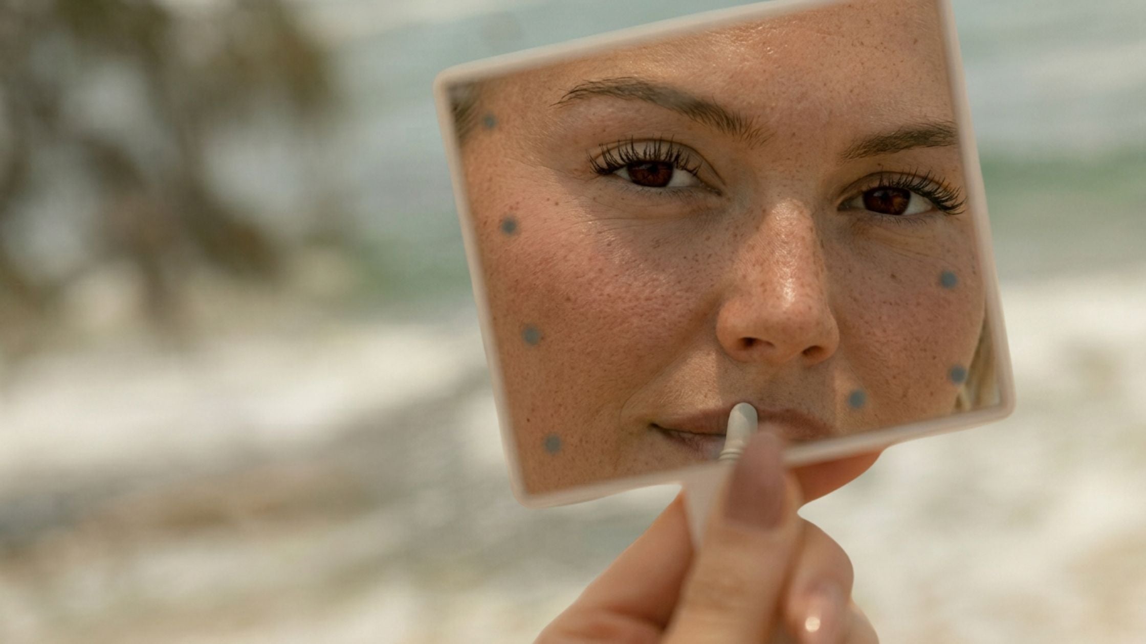 A woman looking into a handheld mirror on the beach, showing her long eyelashes