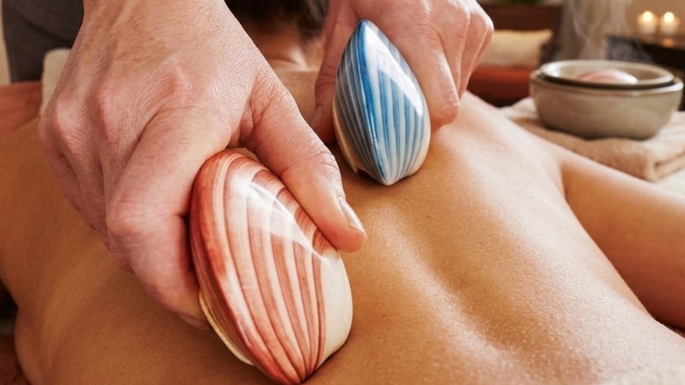 Close up of a lava shell massage being performed on a client's back