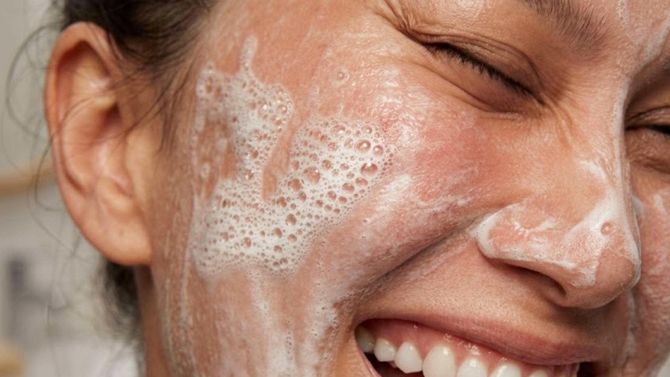 A teenage girl smiling with a foamy cleanser applied to her face