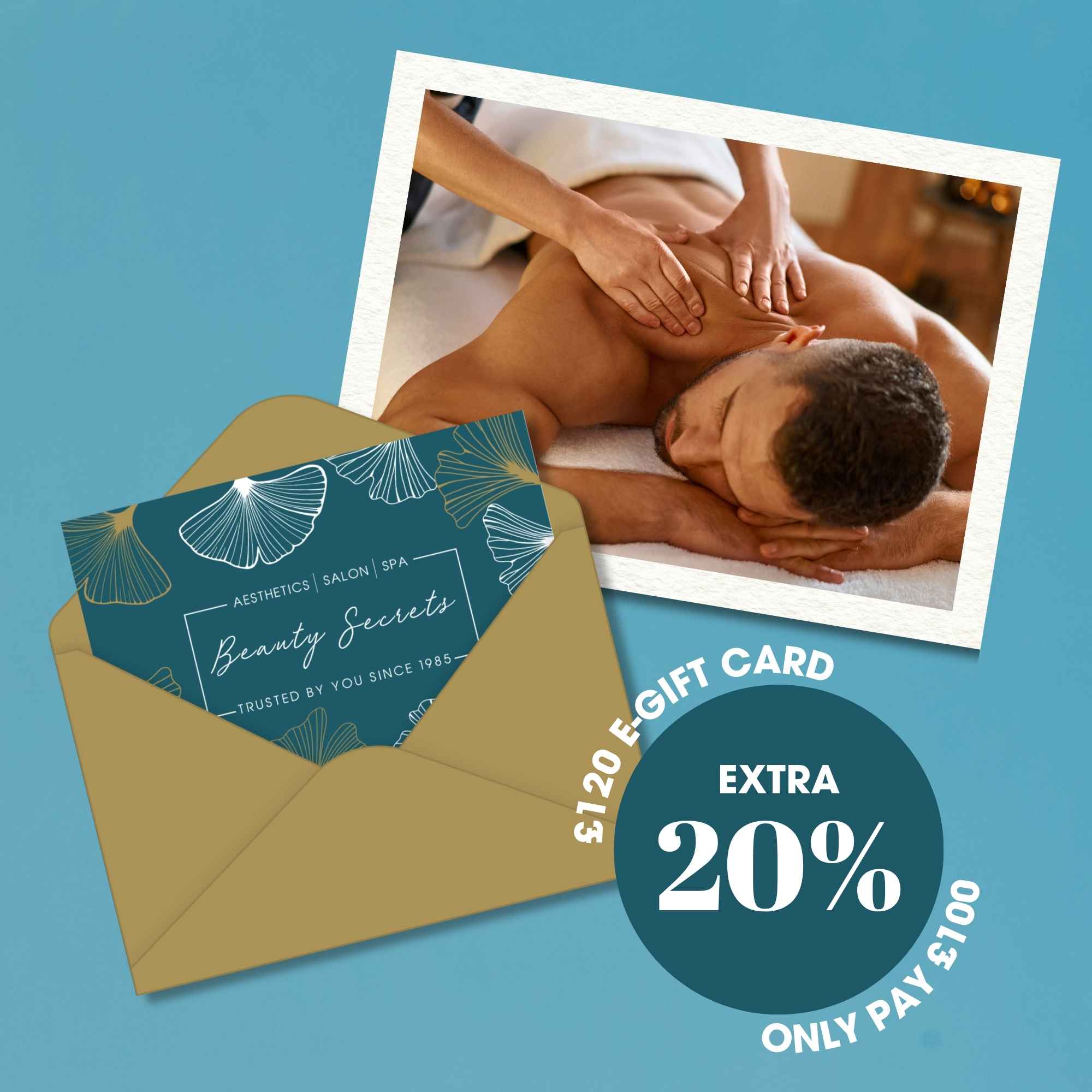 Gift card for Beauty Secrets with a massage photo and discount offer on a blue background
