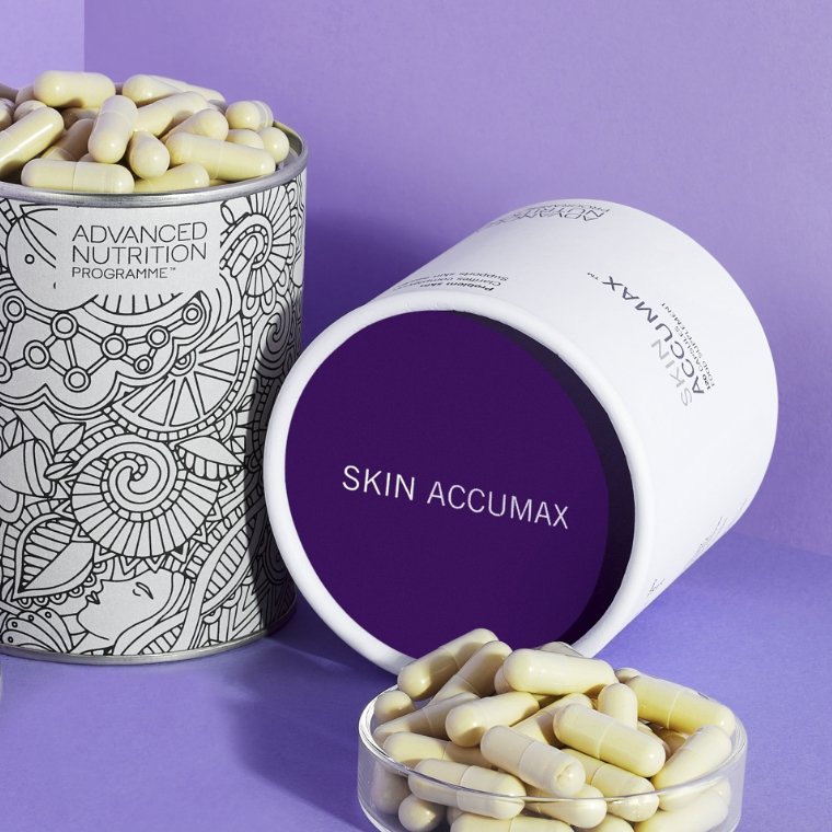 Advanced Nutrition Skin Accumax - 60 Capsules product image with purple background.