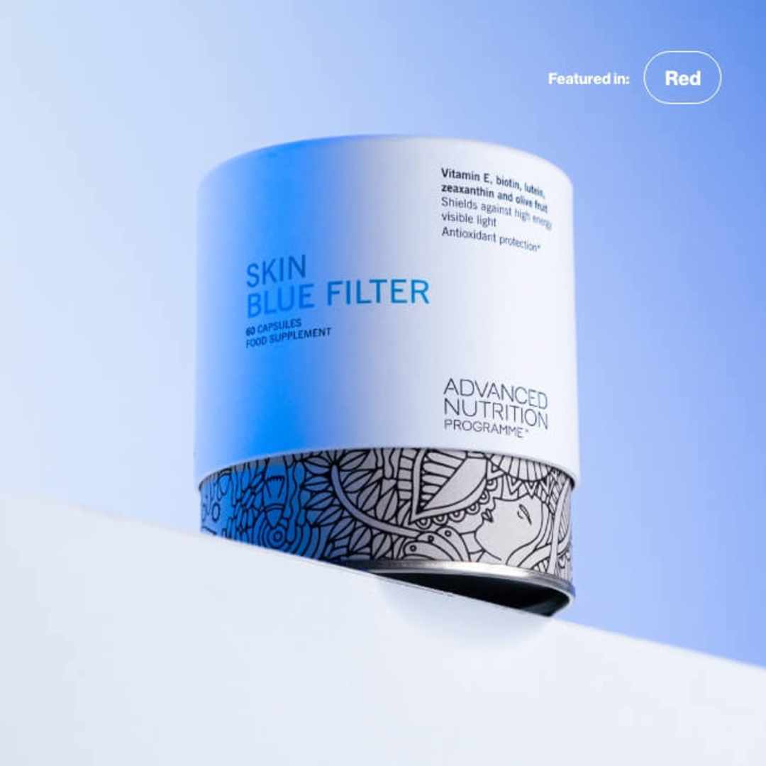 Advanced Nutrition Skin Blue Filter - 60 capsules product image with blue background. 