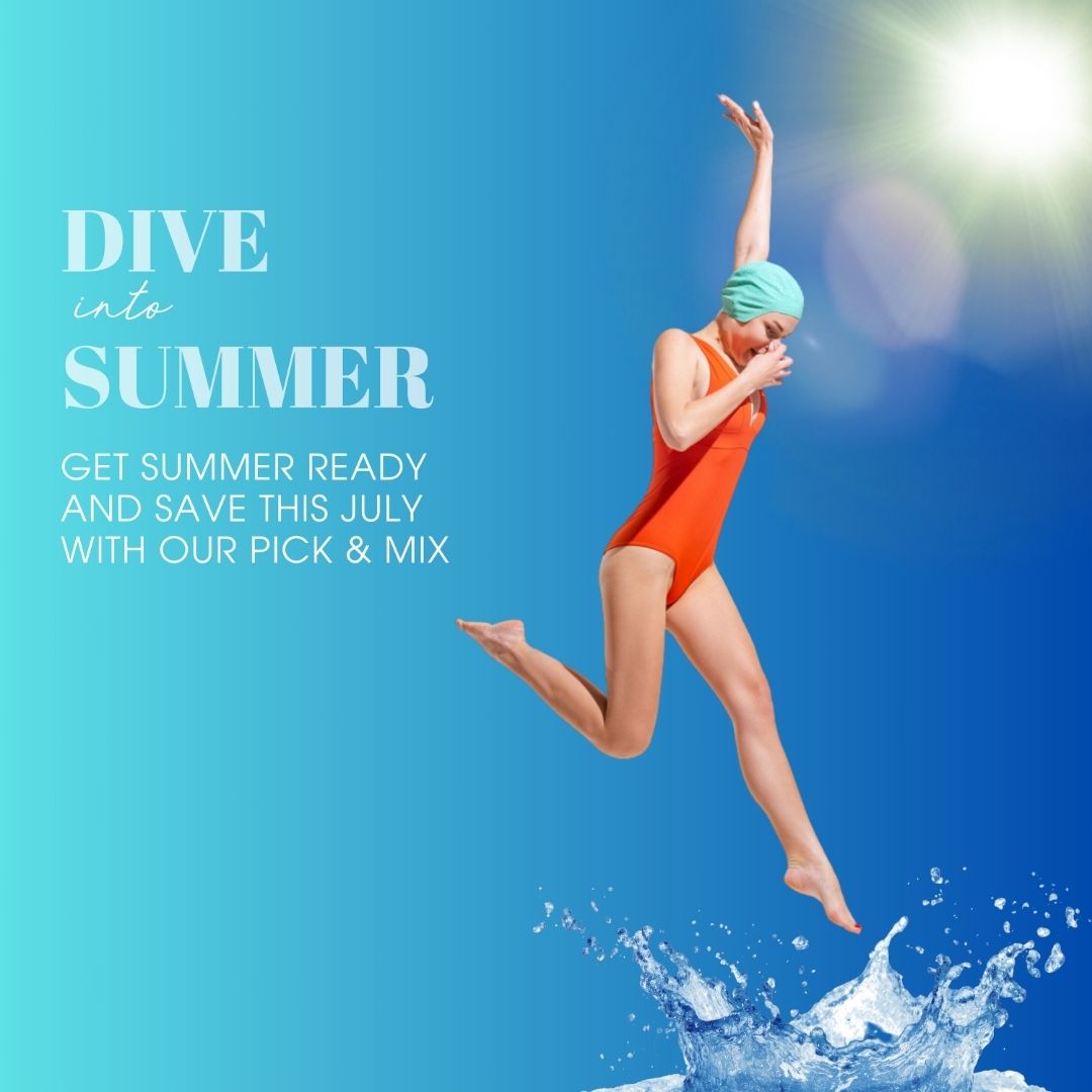 Person in orange swimsuit and green swim cap jumping into water with 'Dive into Summer' text on a blue background