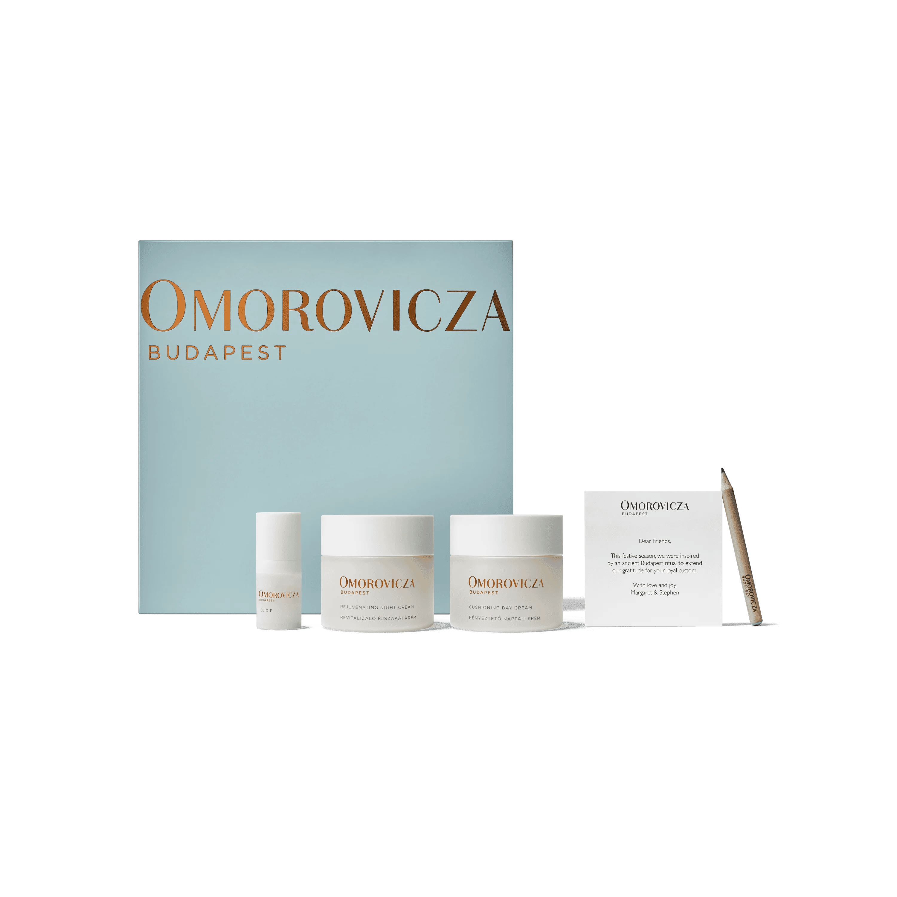 Omorovicza skincare products and packaging on a black background