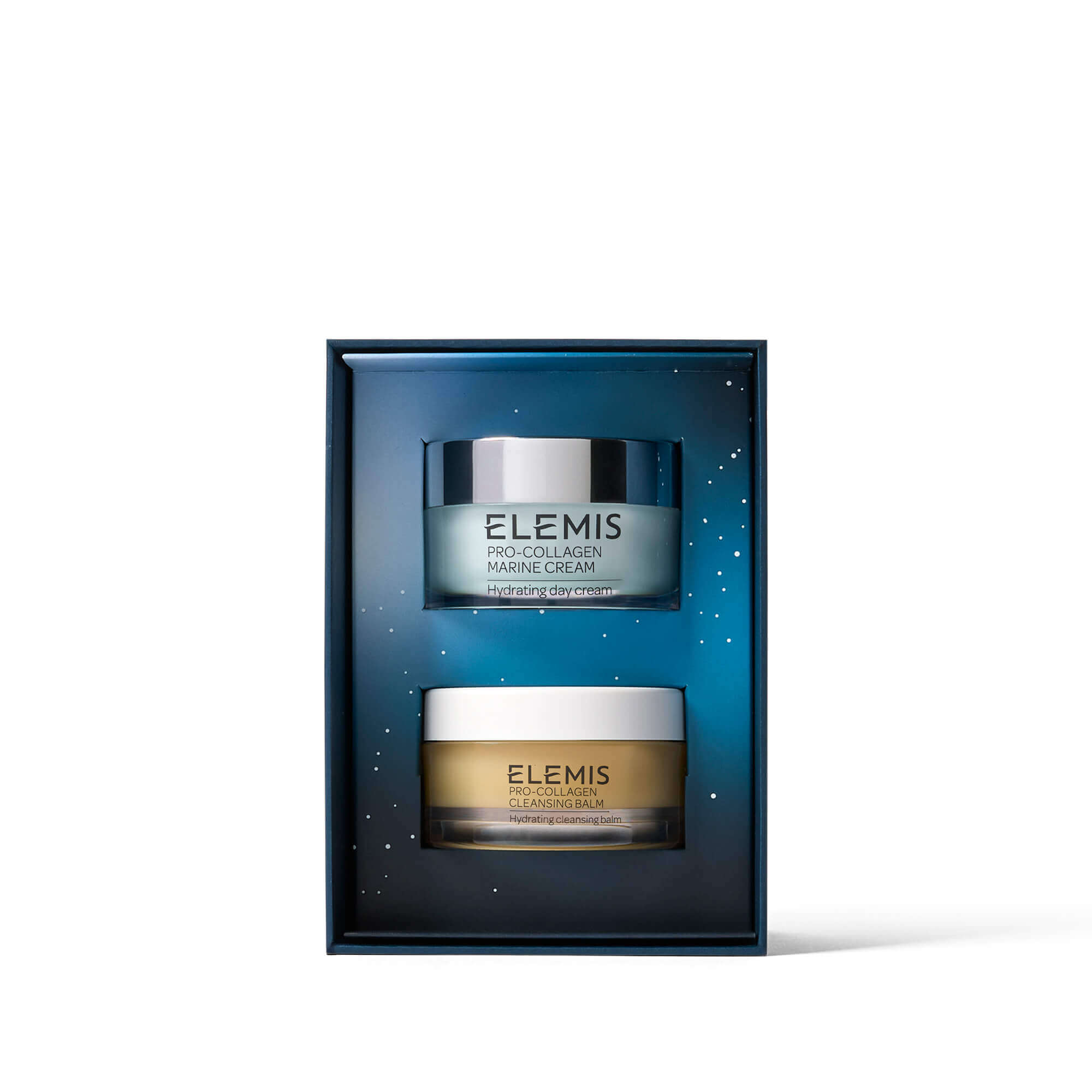 Two Elemis skincare products in a box on a white background