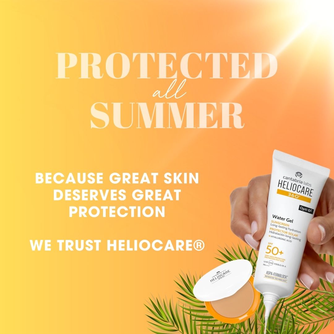 A hand holds a tube of Heliocare Water Gel SPF 50+ sunscreen next to an open compact containing the gel, set against a bright yellow and orange gradient background with the text 'PROTECTED all SUMMER' and 'BECAUSE GREAT SKIN DESERVES GREAT PROTECTION'.