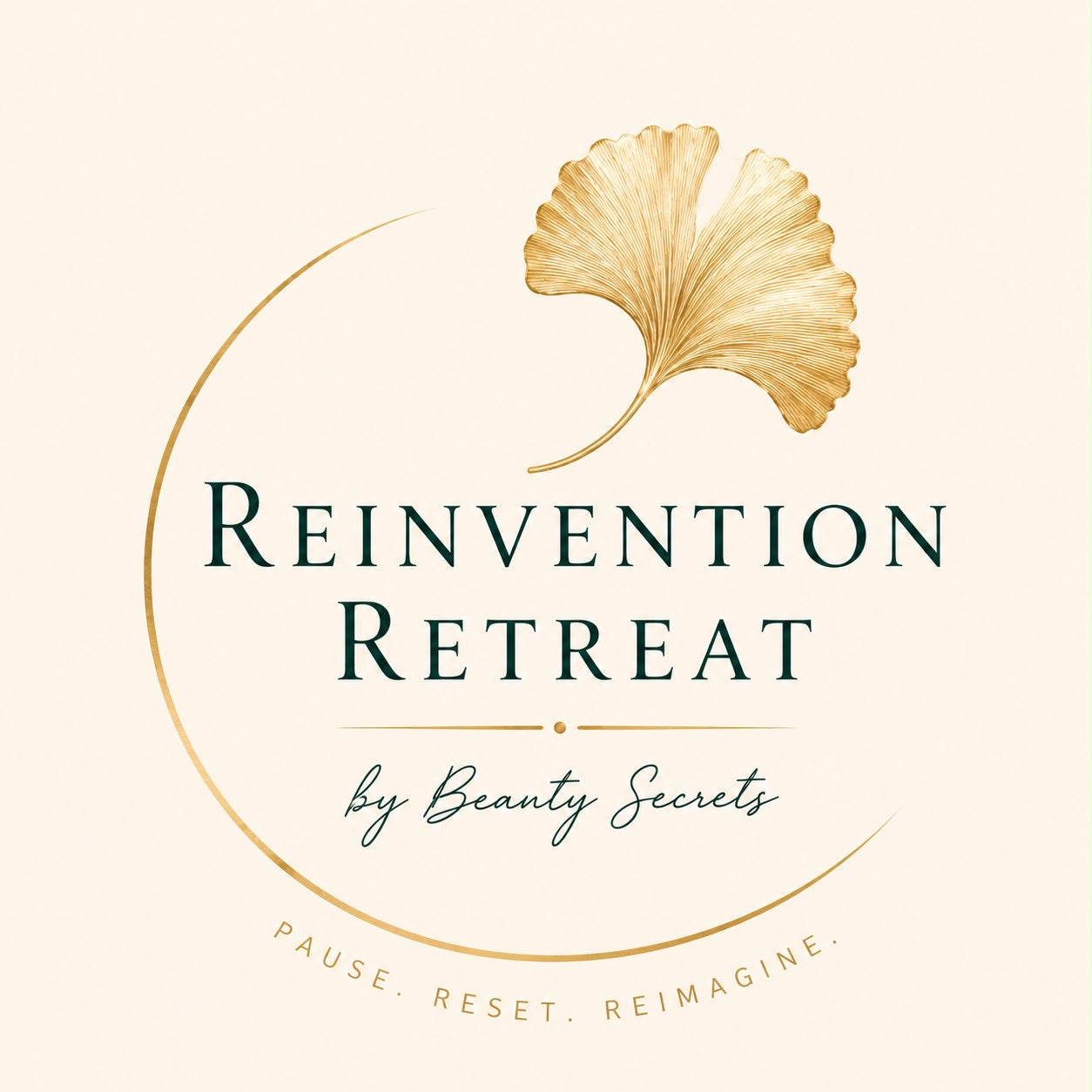 Logo for Reinvention Retreat by Beauty Secrets with a ginkgo leaf on a beige background.