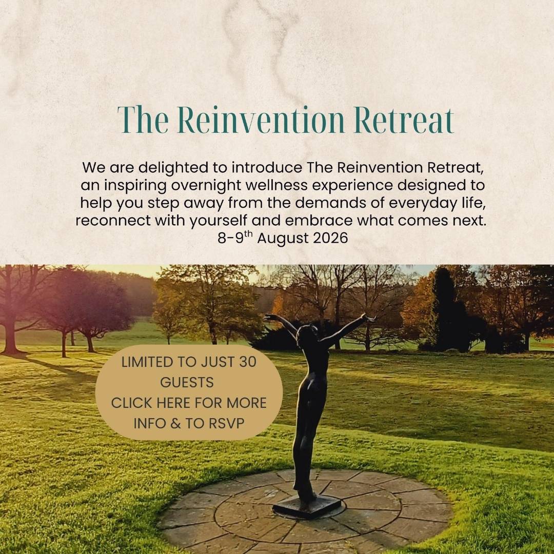 Promotional graphic for 'The Reinvention Retreat' with text on an off-white textured background above a scenic photograph of a grassy park with trees at sunset and a black abstract statue on a stone base. A beige circle contains the text 'LIMITED TO JUST 30 GUESTS CLICK HERE FOR MORE INFO & TO RSVP'.