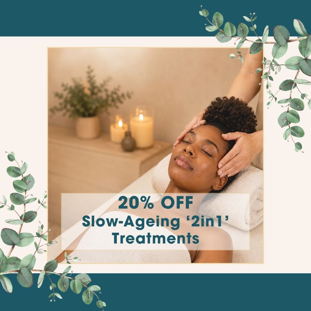 Promotional graphic for a spa treatment featuring a woman receiving a head massage in a warm, relaxing setting with candles and plants. The image includes a teal border, decorative eucalyptus leaves, and text overlay that reads '20% OFF Slow-Ageing '2in1' Treatments'.