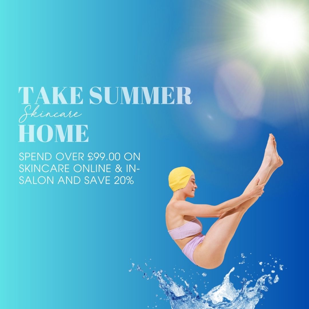 Promotional graphic with a woman in swimwear against a blue background, featuring text about skincare savings.