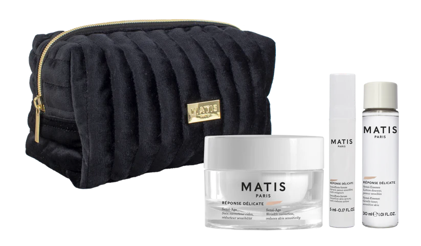 Matis skincare products including a black pouch on a white background