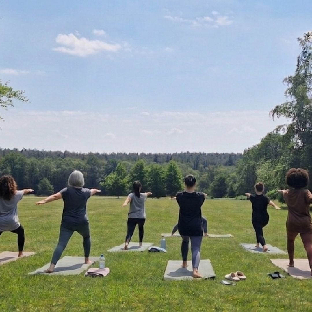 Group of people practicing yoga outdoors on a grassy field with trees and blue sky in the background.