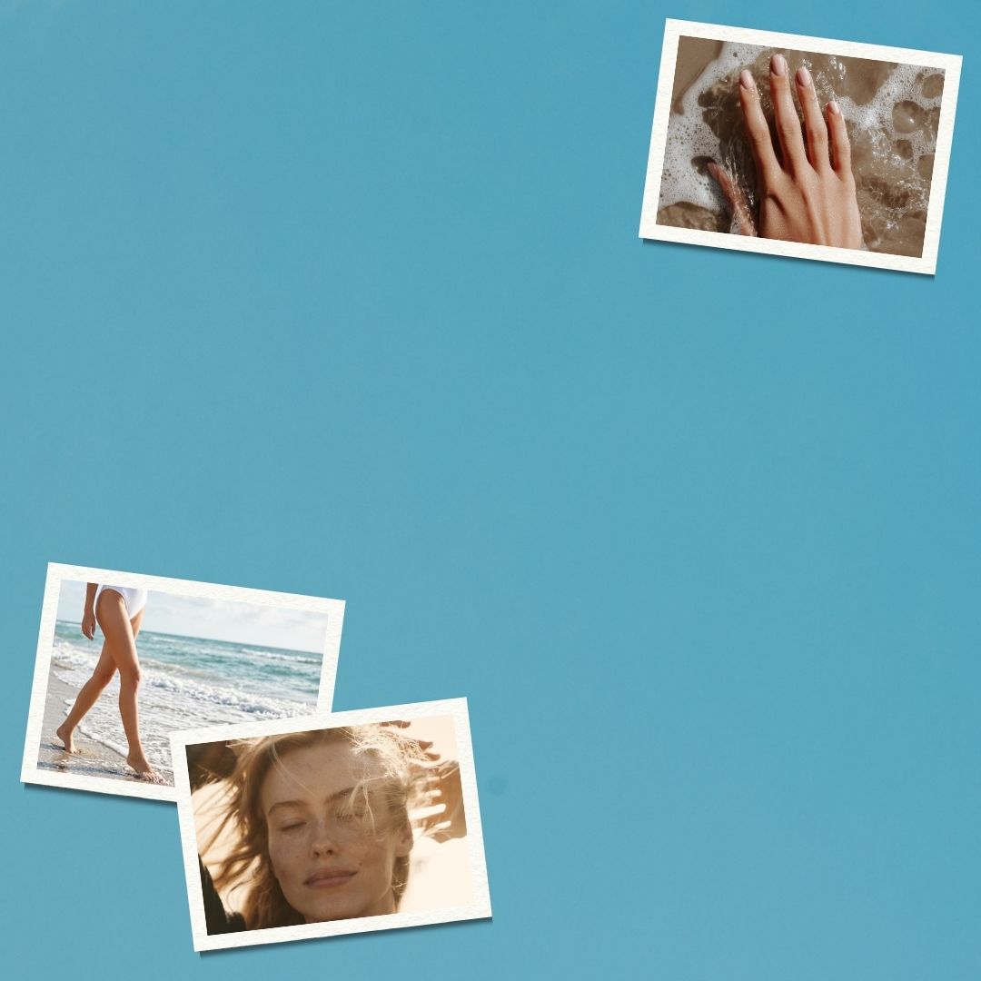 Three Polaroid-style photos on a blue background
