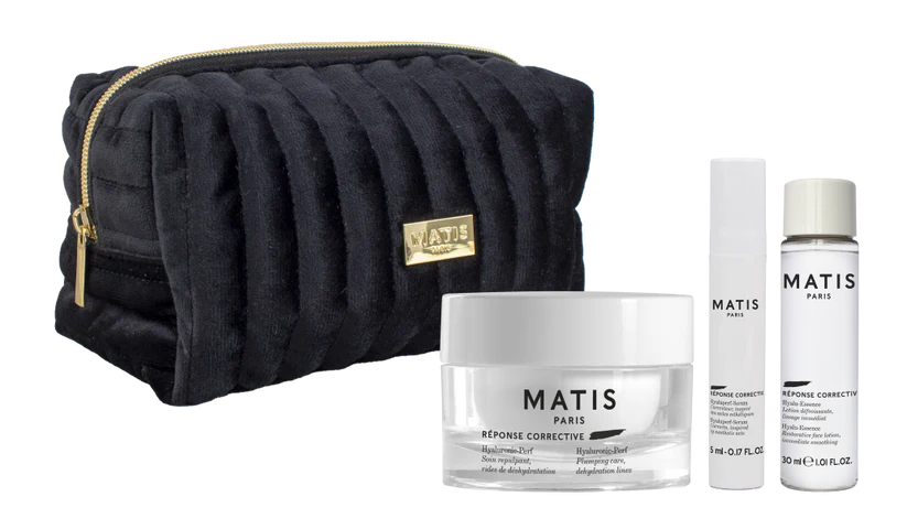Matis skincare products including a black pouch on a white background